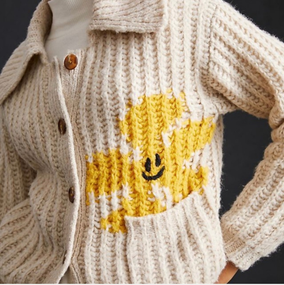Anthropologie Cream Cardigan with Yellow Sun Design